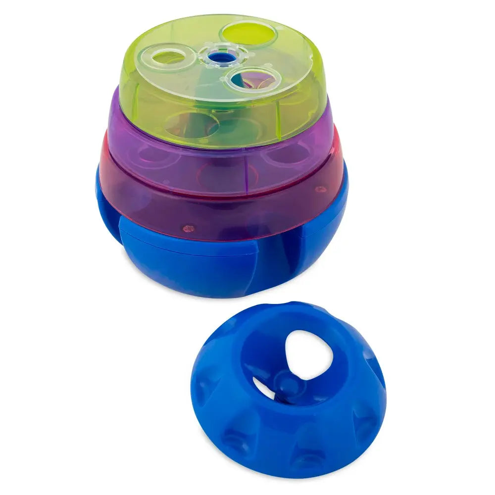 Interactive pet toy for mental stimulation and play, featuring colorful, stackable design.