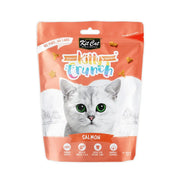Salmon-flavored cat treats in a colorful bag featuring a playful cat design.