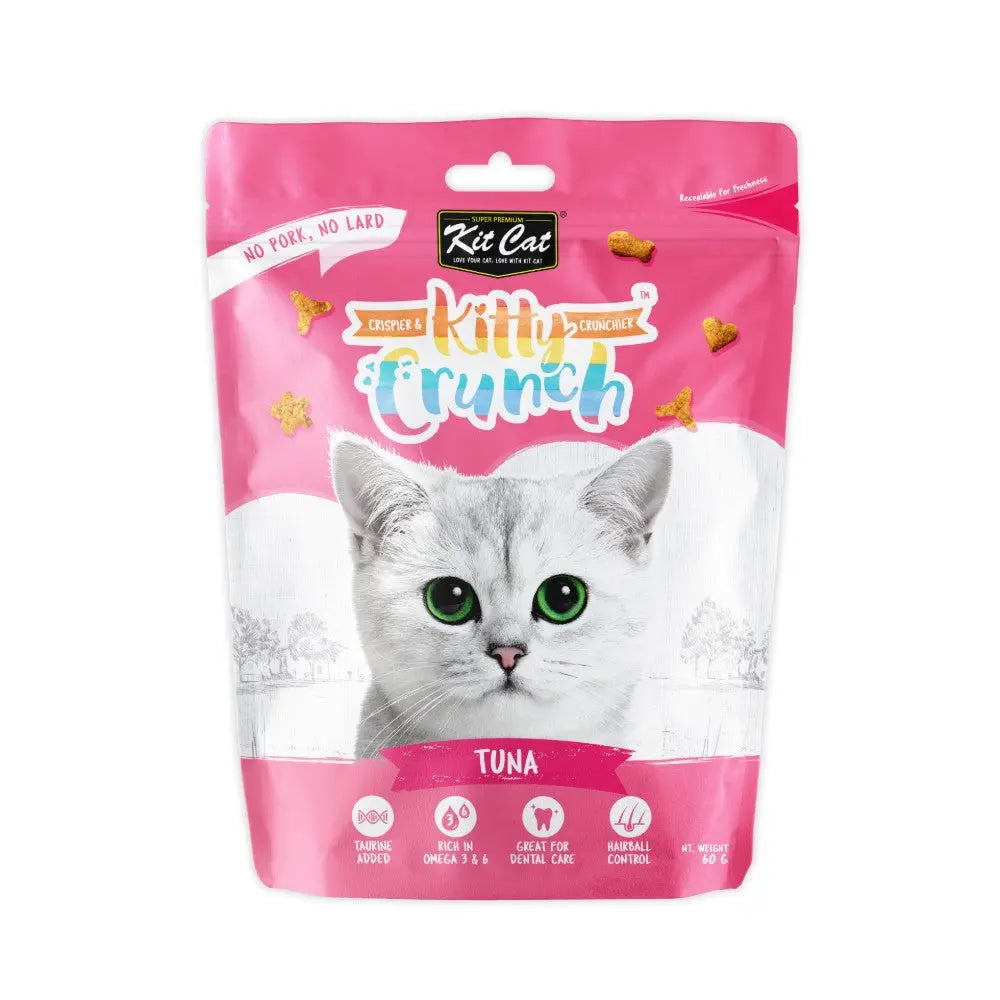 Kit Cat Kitty Crunch tuna cat treats packaging with a playful design and a focus on health benefits.