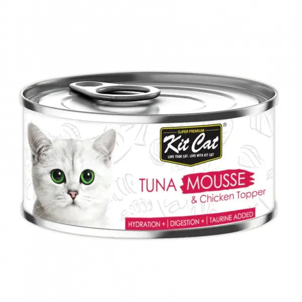 Kit Cat Tuna Mousse & Chicken Topper can for cats, promoting hydration and digestion with added taurine.