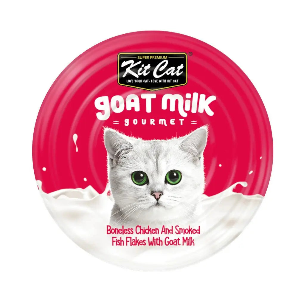 Kit Cat gourmet goat milk cat food with boneless chicken and smoked fish flakes in a vibrant packaging.