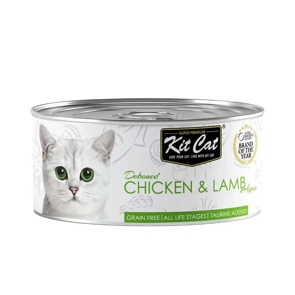 Kit Cat deboned chicken and lamb cat food can, grain-free, suitable for all life stages.