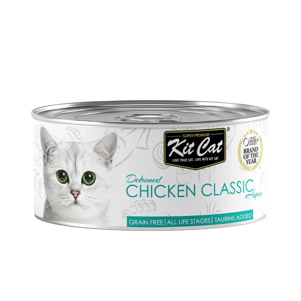 Kit Cat Chicken Classic cat food can, grain-free, suitable for all life stages, with added taurine.