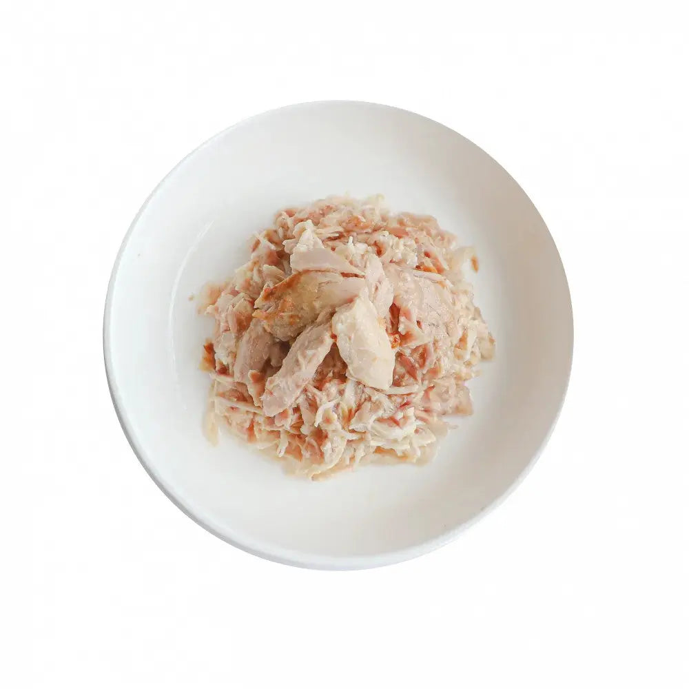 Shredded chicken served on a white plate with a side of coleslaw.