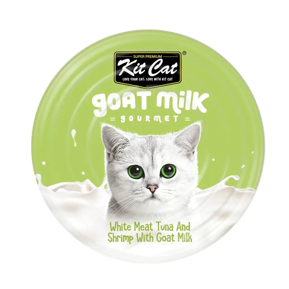 Kit Cat gourmet cat food featuring white meat tuna and shrimp with goat milk in a vibrant green packaging.