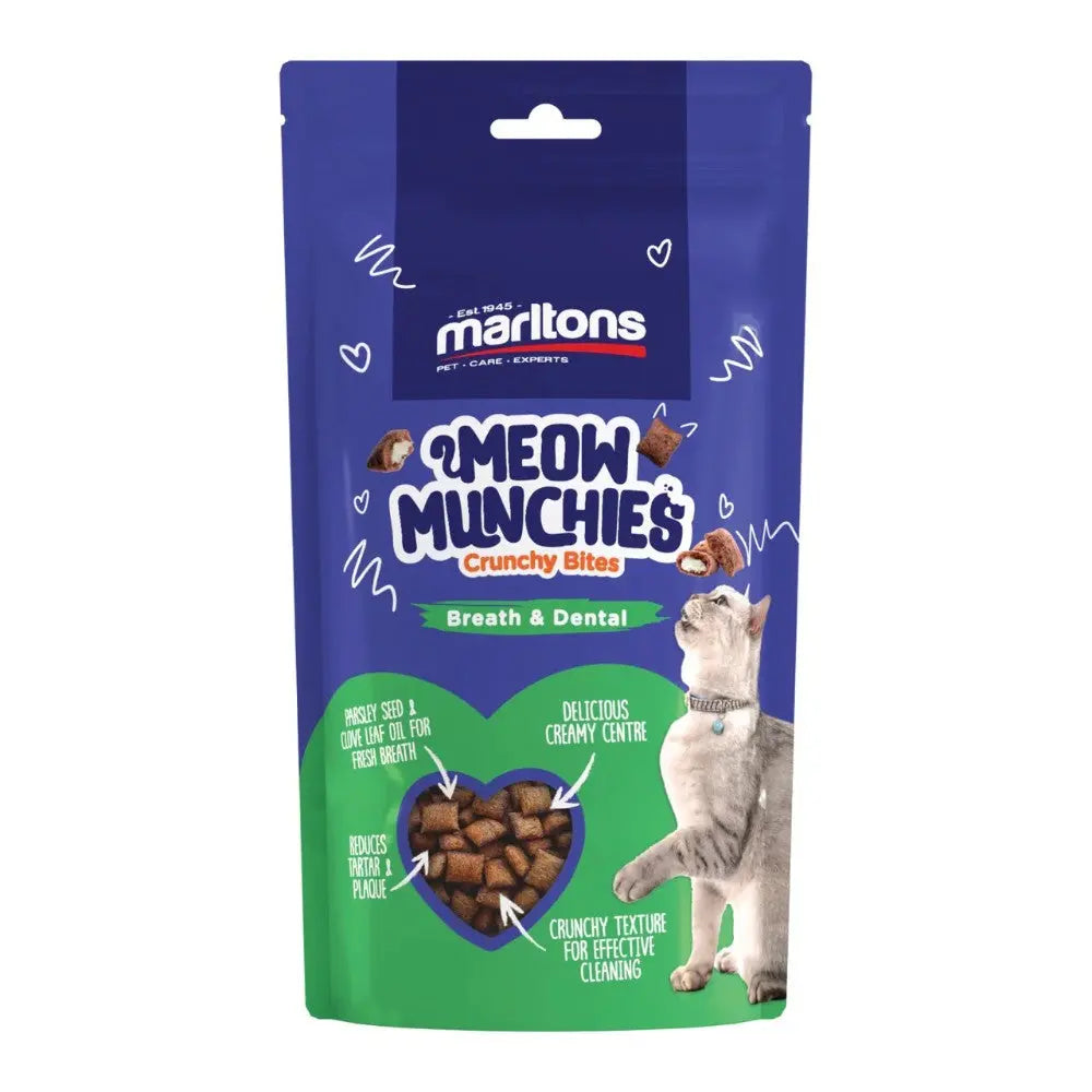 Meow Munchies crunchy bites for cats, promoting dental health and fresh breath in a resealable bag.