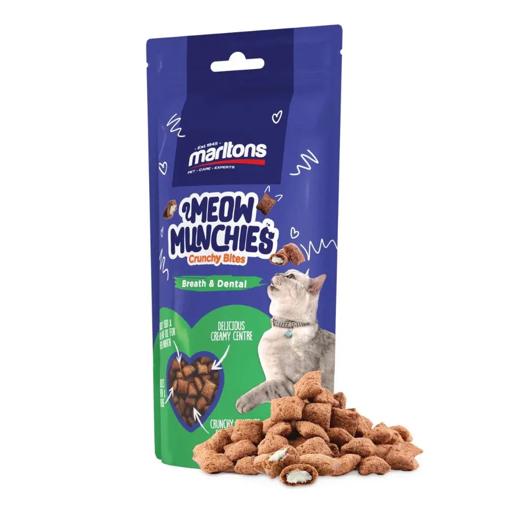 Crunchy cat treats in a vibrant bag, promoting dental health and fresh breath for your feline friend.