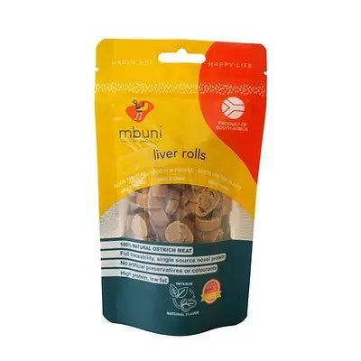 Ostrich liver rolls in a colorful packaging, highlighting natural ingredients and no preservatives.