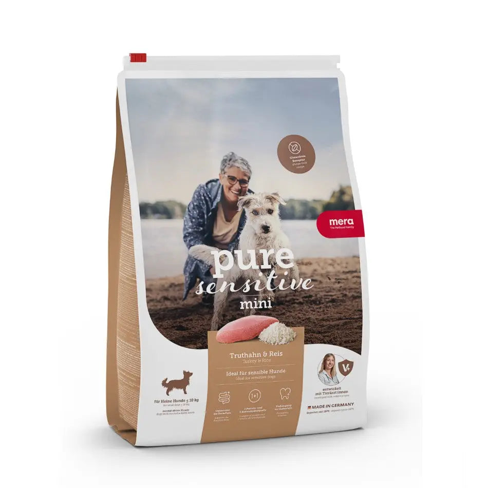 Mera Pure Sensitive Mini Turkey and Rice dog food product.