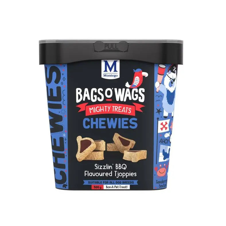 Bags O' Wags BBQ-flavored dog treats in a resealable container for all breeds.