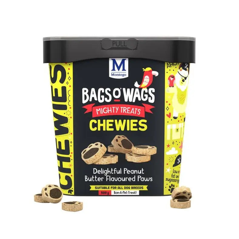 Peanut butter flavored dog treats in a colorful container, perfect for all dog breeds.