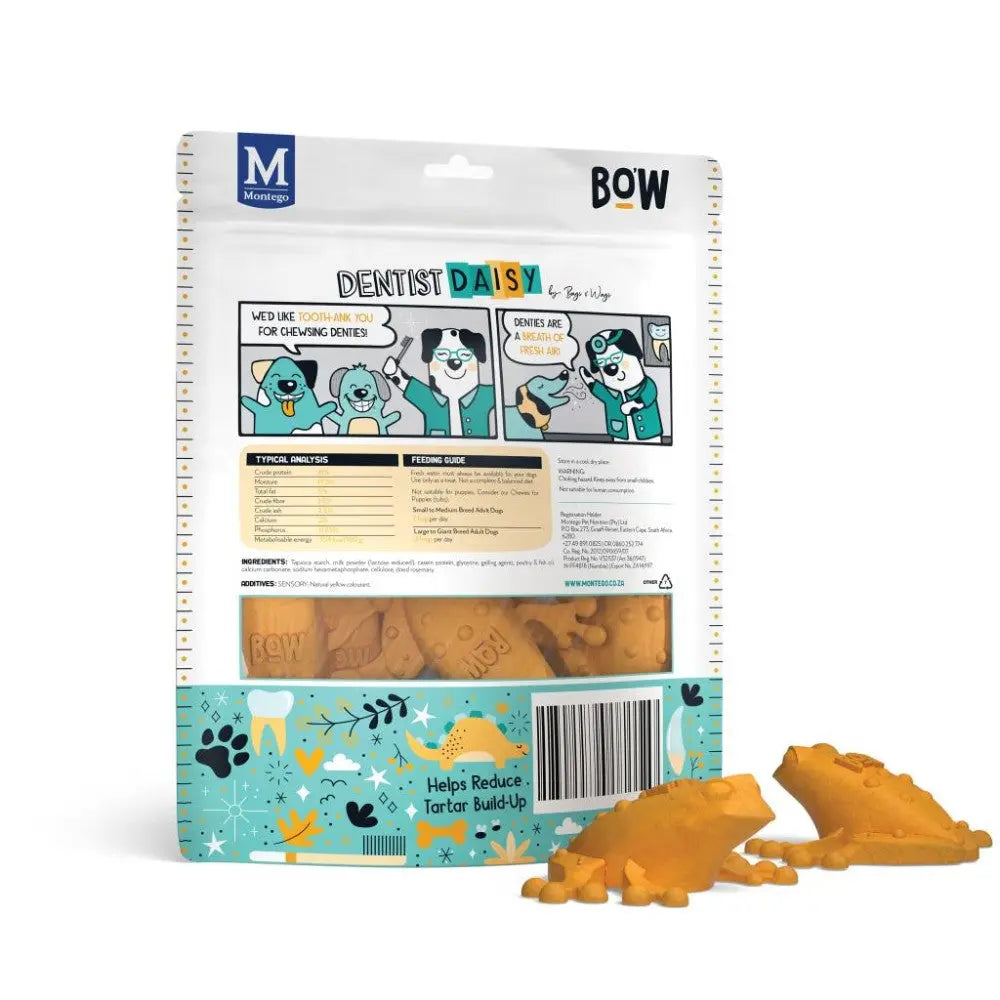 Dog dental treats packaging with infographic, ingredients, and feeding guide for healthy teeth.