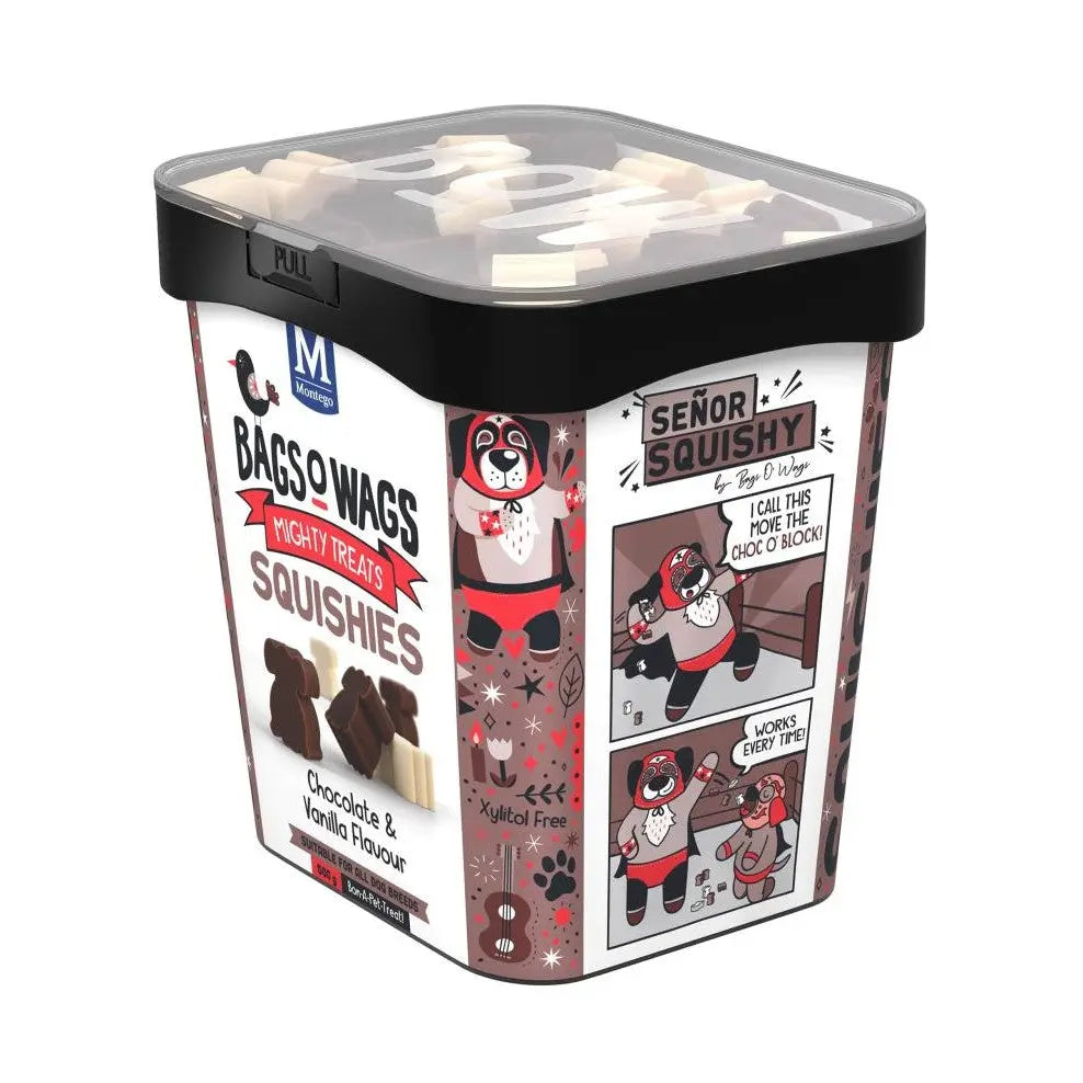 Chocolate and vanilla squishy dog treats in a fun, colorful container with playful graphics.