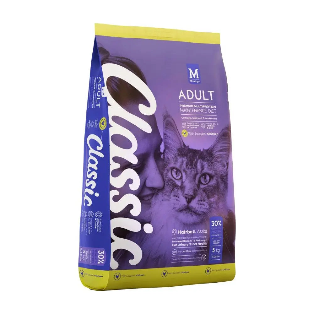 Premium cat food bag for adult cats, featuring hairball control and essential nutrients.