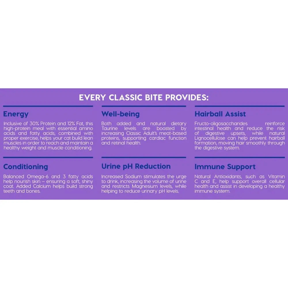 Infographic detailing benefits of Classic Bite pet food, including energy, well-being, and immune support.