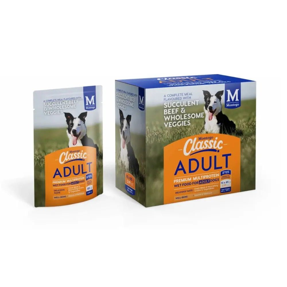 Montego Classic Adult Dog Wet Food with Beef and Veggies Pouches.