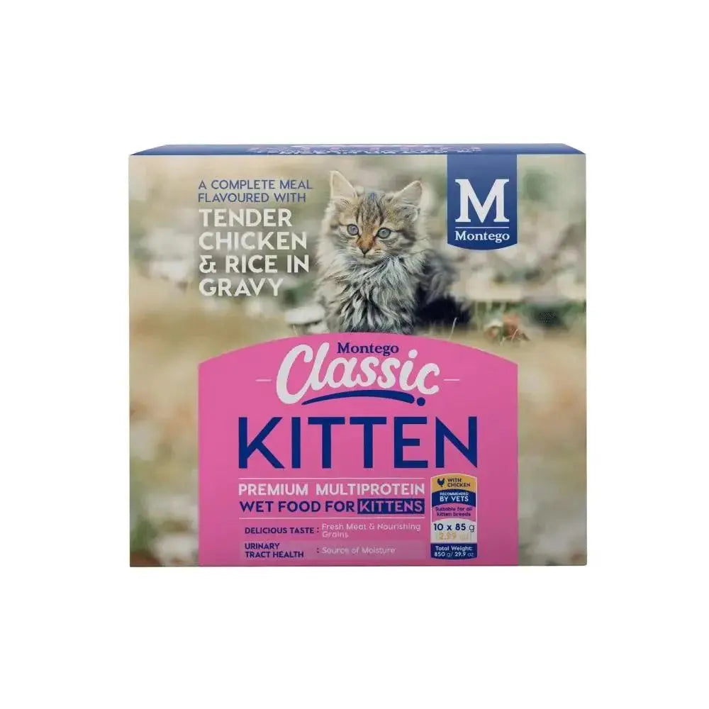 Montego Classic Kitten wet food with chicken and rice, designed for healthy growth and hydration.