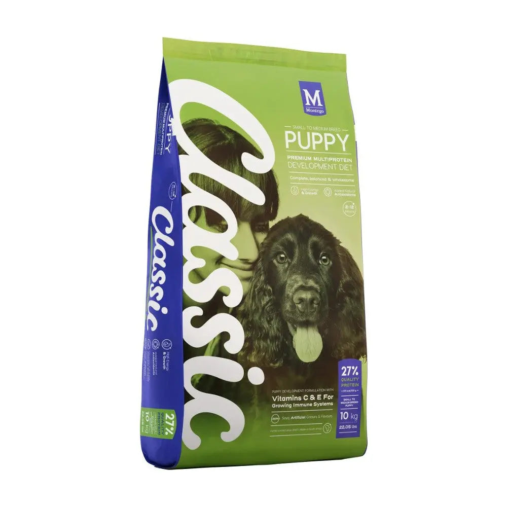 Premium puppy food bag featuring a classic design and nutritional information for healthy growth.