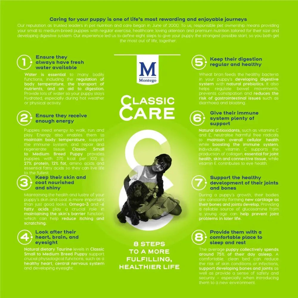 Infographic outlining eight steps for a fulfilling, healthier life for puppies.