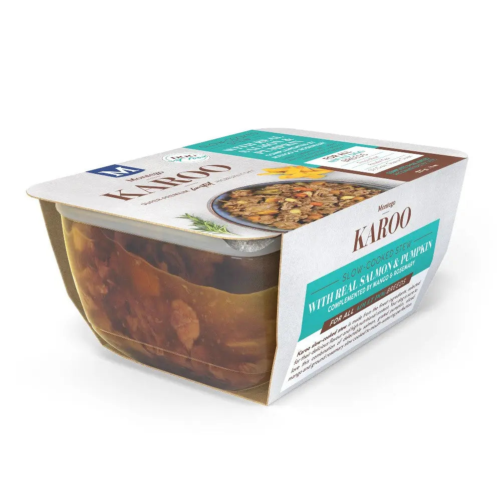 Savory salmon and pumpkin pet food in a convenient, ready-to-serve packaging.