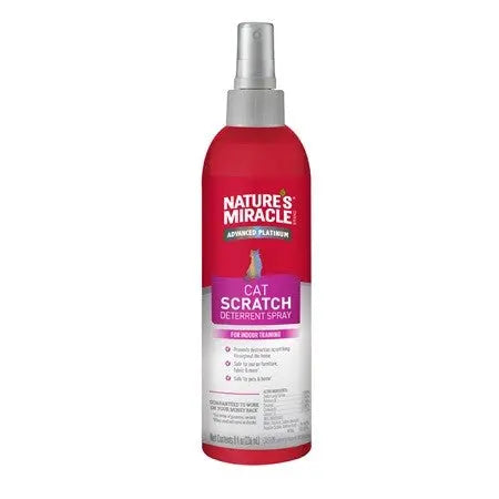 Nature's Miracle Cat Scratch Deterrent Spray in a red bottle for effective scratching prevention.