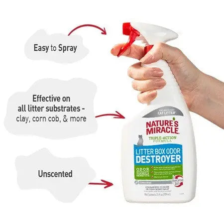Nature's Miracle Litter Box Odor Destroyer spray for effective odor removal on all litter types.