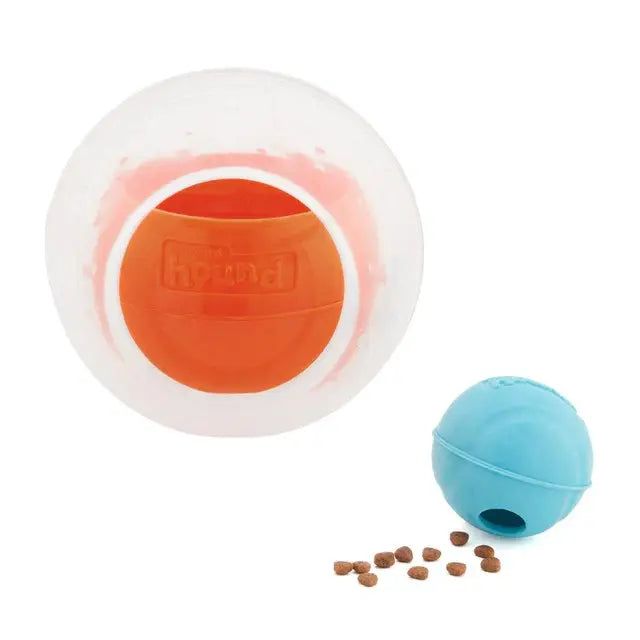 Interactive pet toy with treat-dispensing ball and colorful design for engaging playtime.