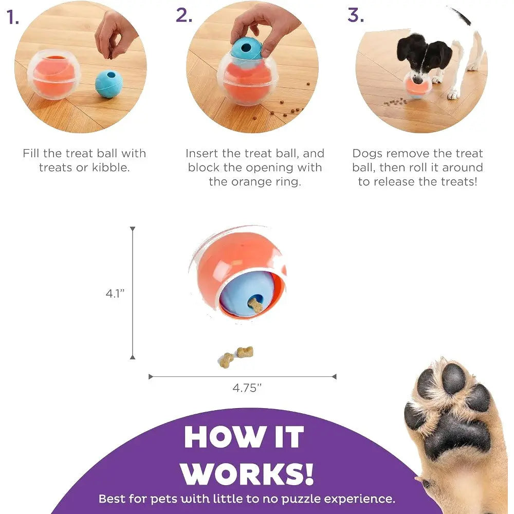 Interactive treat ball for dogs, designed to dispense treats while encouraging play and mental stimulation.