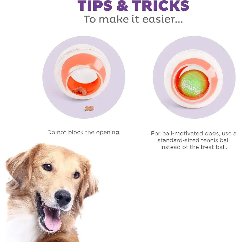 Dog treat ball tips with a happy dog, featuring a standard tennis ball alternative for playtime.