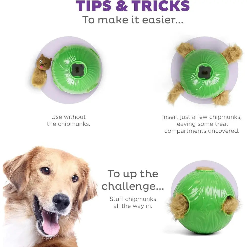 Interactive dog toy tips: use with or without chipmunks for varied treat challenges.