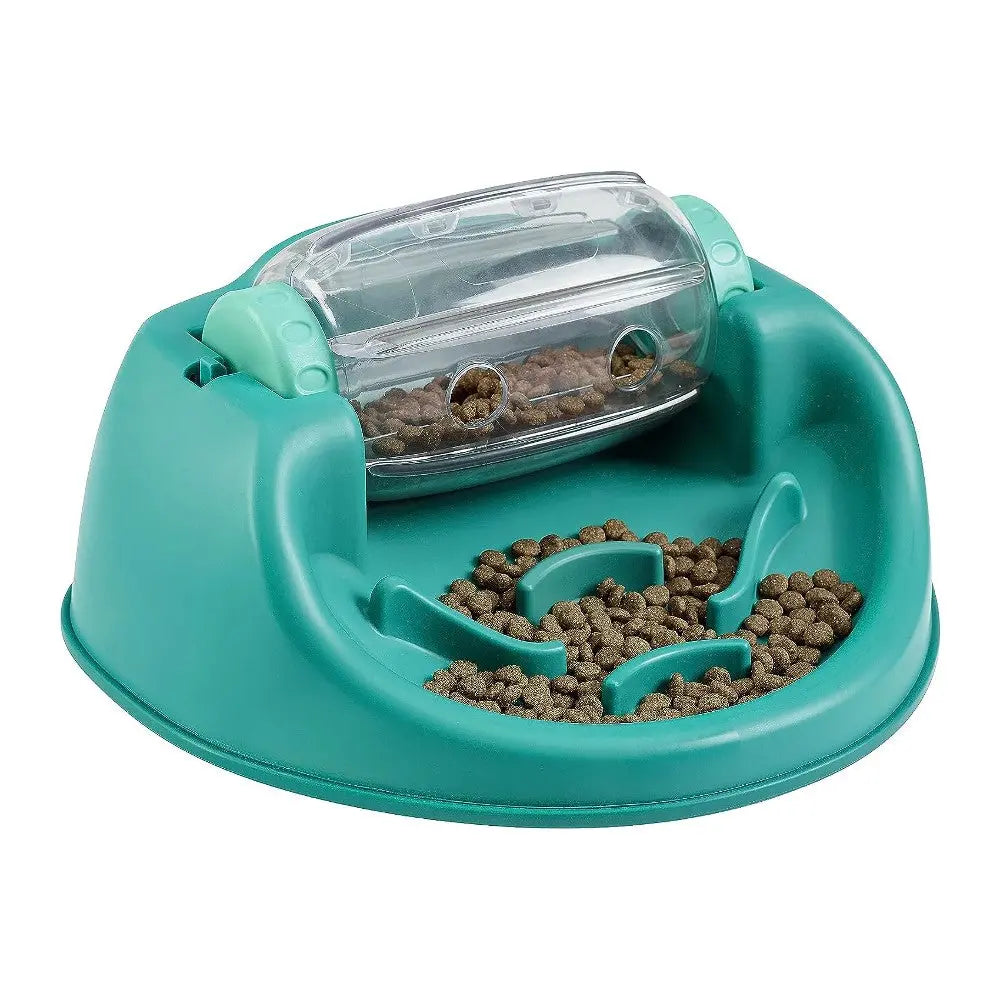 Automatic pet feeder with a transparent storage container for dry kibble.