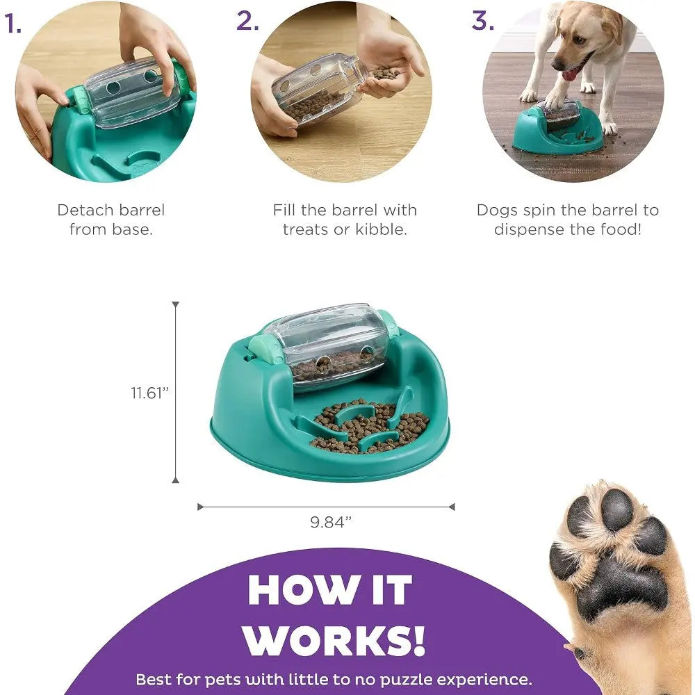 Interactive pet feeder with a spinning barrel for dispensing treats and engaging dogs in play.