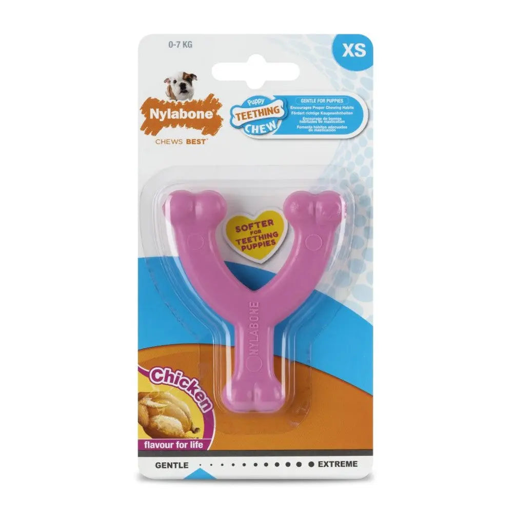 Nylabone puppy teething chew toy in pink, designed for gentle chewing and flavored with chicken.