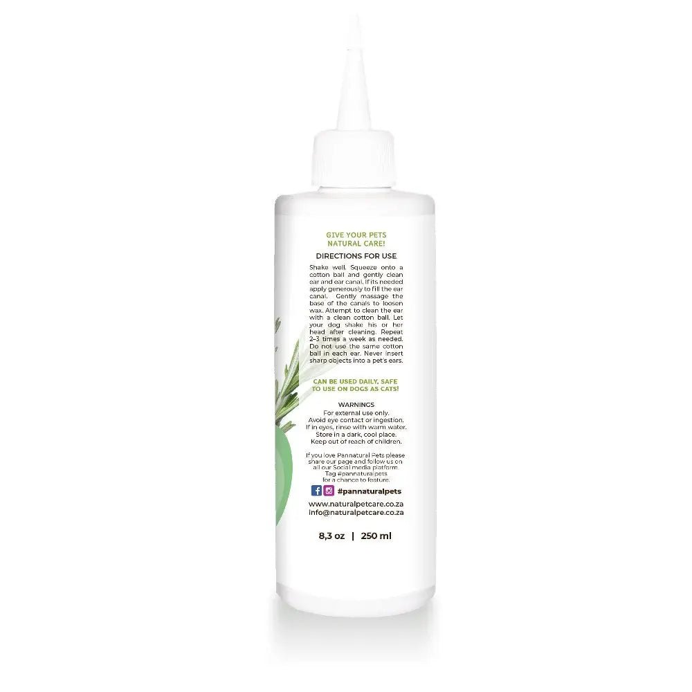 Natural pet care liquid with usage directions and safety warnings for dogs and cats.