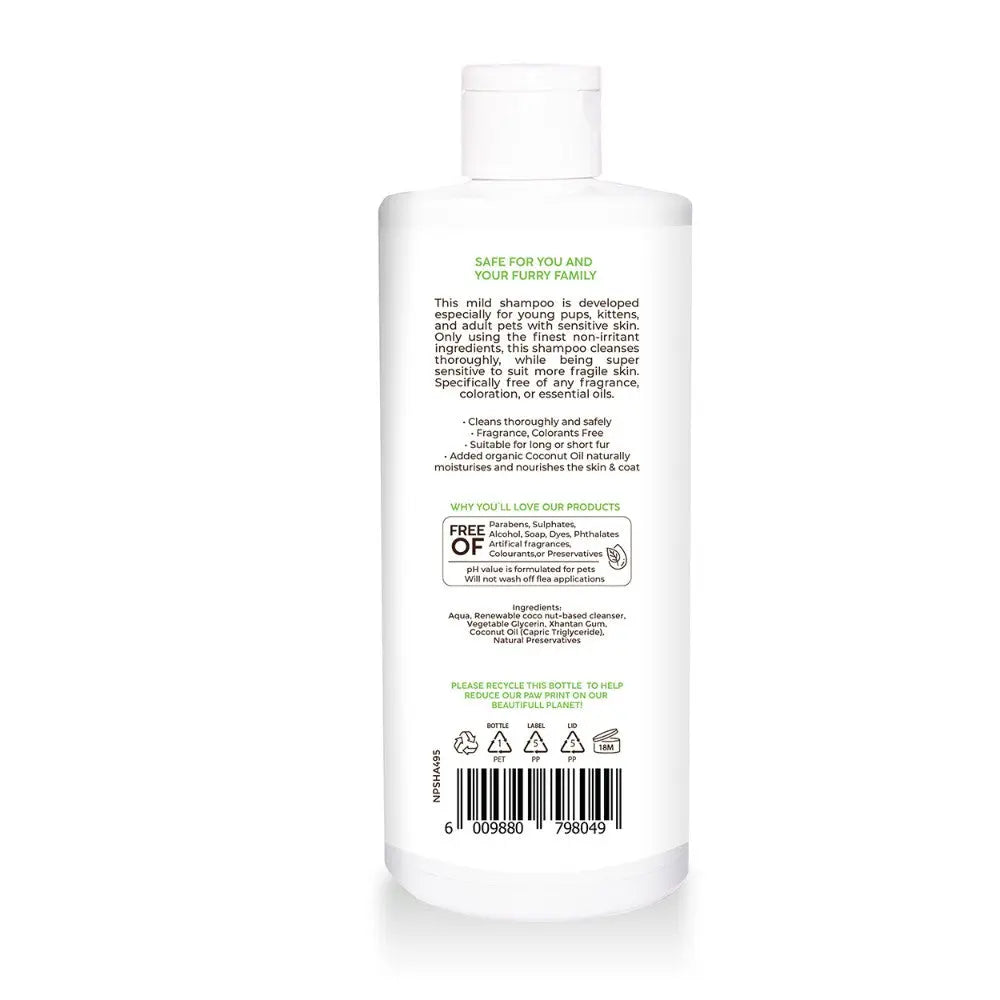 Mild pet shampoo bottle with clear instructions and ingredient details for safe use on furry friends.