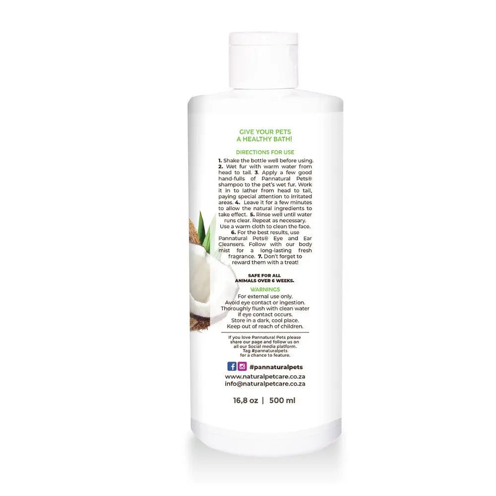 Coconut pet shampoo bottle with usage directions and ingredients for a healthy bath experience.