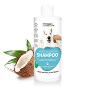 Hypoallergenic shampoo for pets, featuring coconut oil and aloe vera for sensitive skin care.