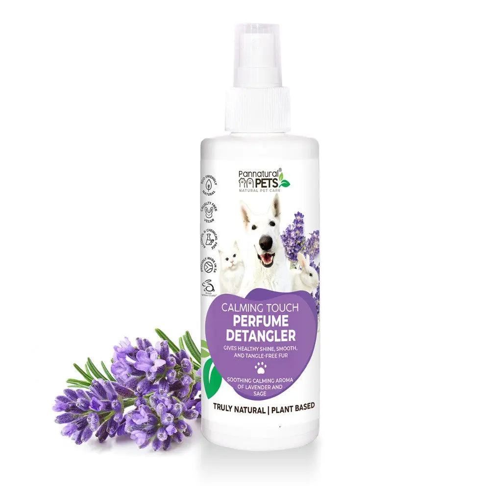 Natural pet detangler spray with lavender for a calming, smooth, and tangle-free coat.
