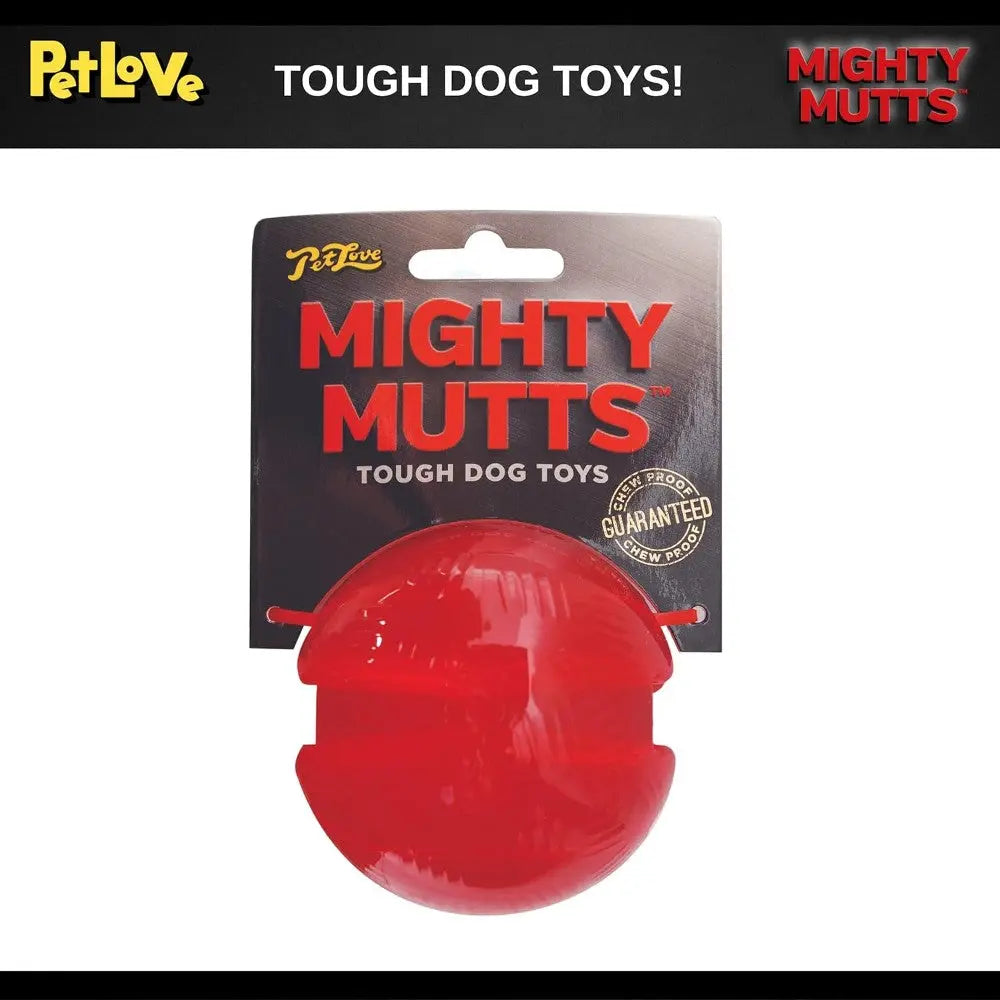 Red tough dog toy ball from Mighty Mutts, designed for durable play and fun.