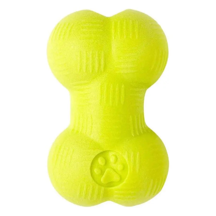Bright yellow dog toy shaped like a bone, perfect for playtime and chewing.