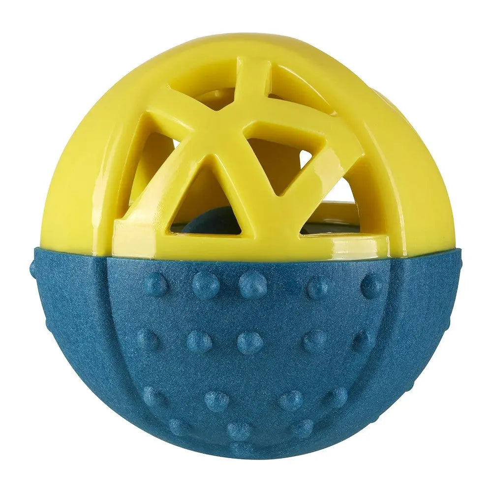 Colorful dog toy ball with textured surface for interactive play and chewing.