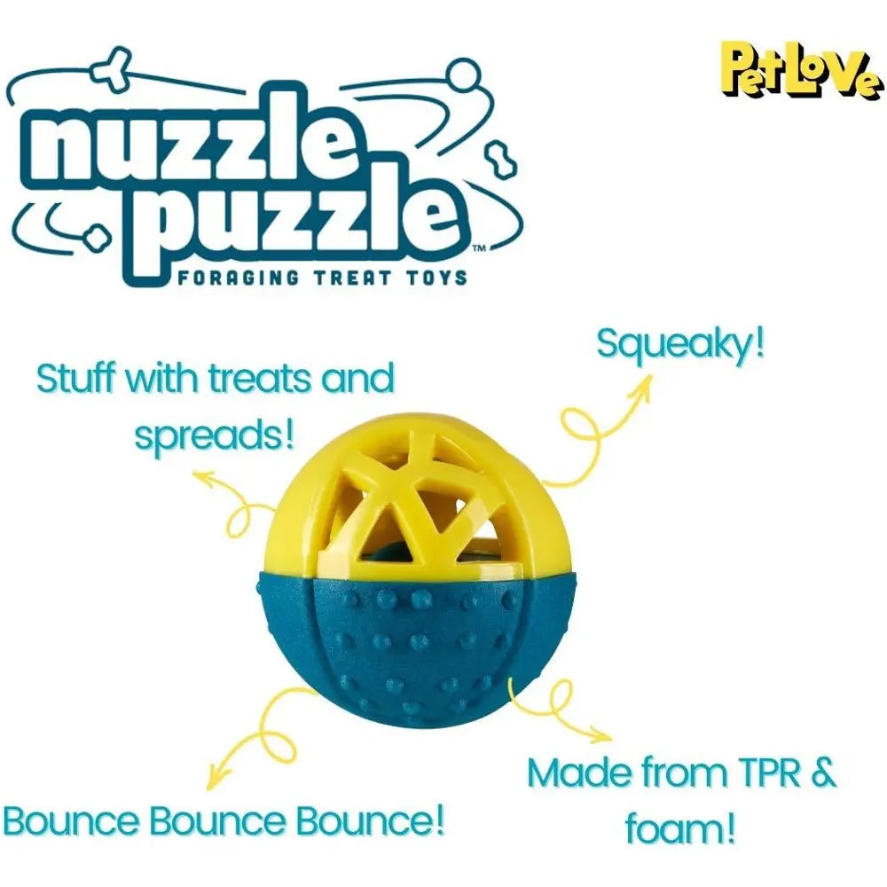 Nuzzle Puzzle toy for pets, designed for treat stuffing and interactive play, made from TPR and foam.