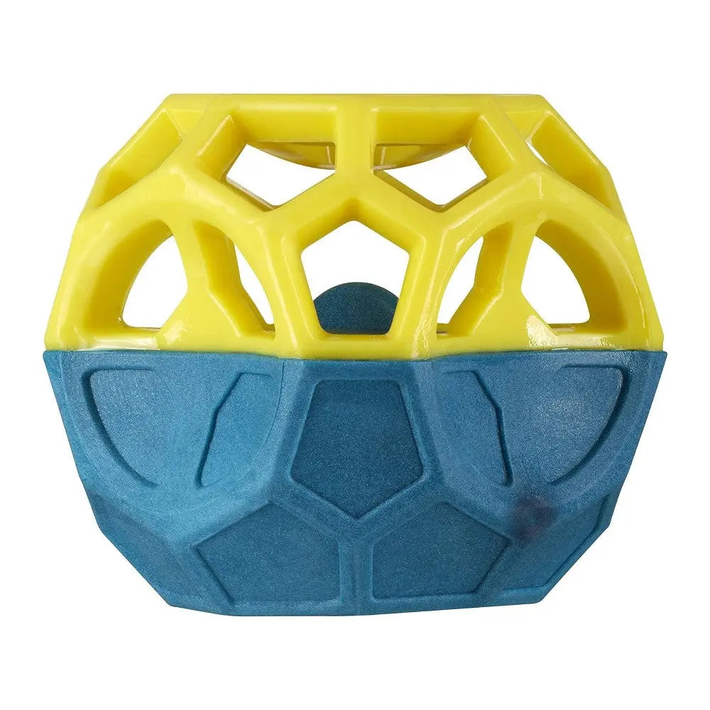 Durable dog toy in blue and yellow, designed for interactive play and chewing.