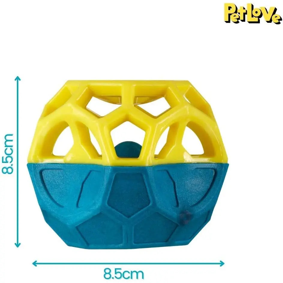 Durable pet toy in yellow and blue, designed for interactive play and fetching fun.