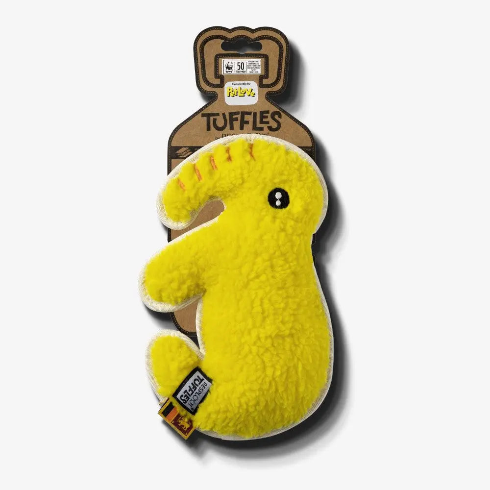 Yellow plush toy shaped like a lobster, packaged with a fun bread-themed label.