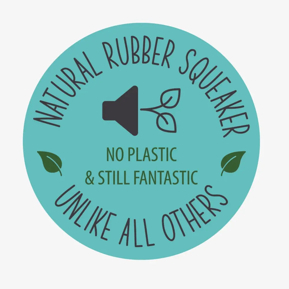 Natural rubber squeaker toy label highlighting eco-friendly, plastic-free design.