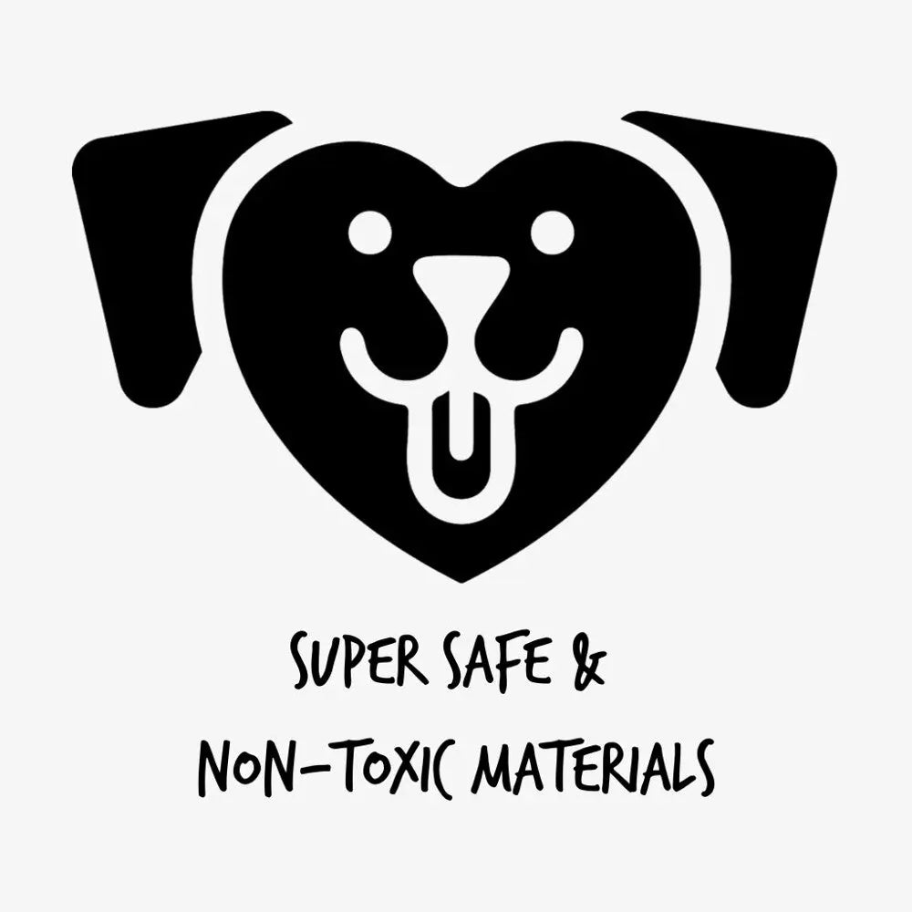 Heart-shaped dog icon emphasizing super safe and non-toxic materials for pet products.