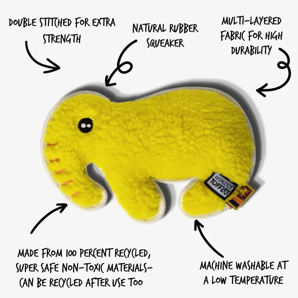 Yellow elephant dog toy made from recycled materials, featuring a natural rubber squeaker and durable fabric.