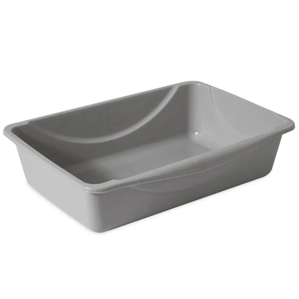 Gray plastic storage bin with a smooth surface and ergonomic handles for easy carrying.