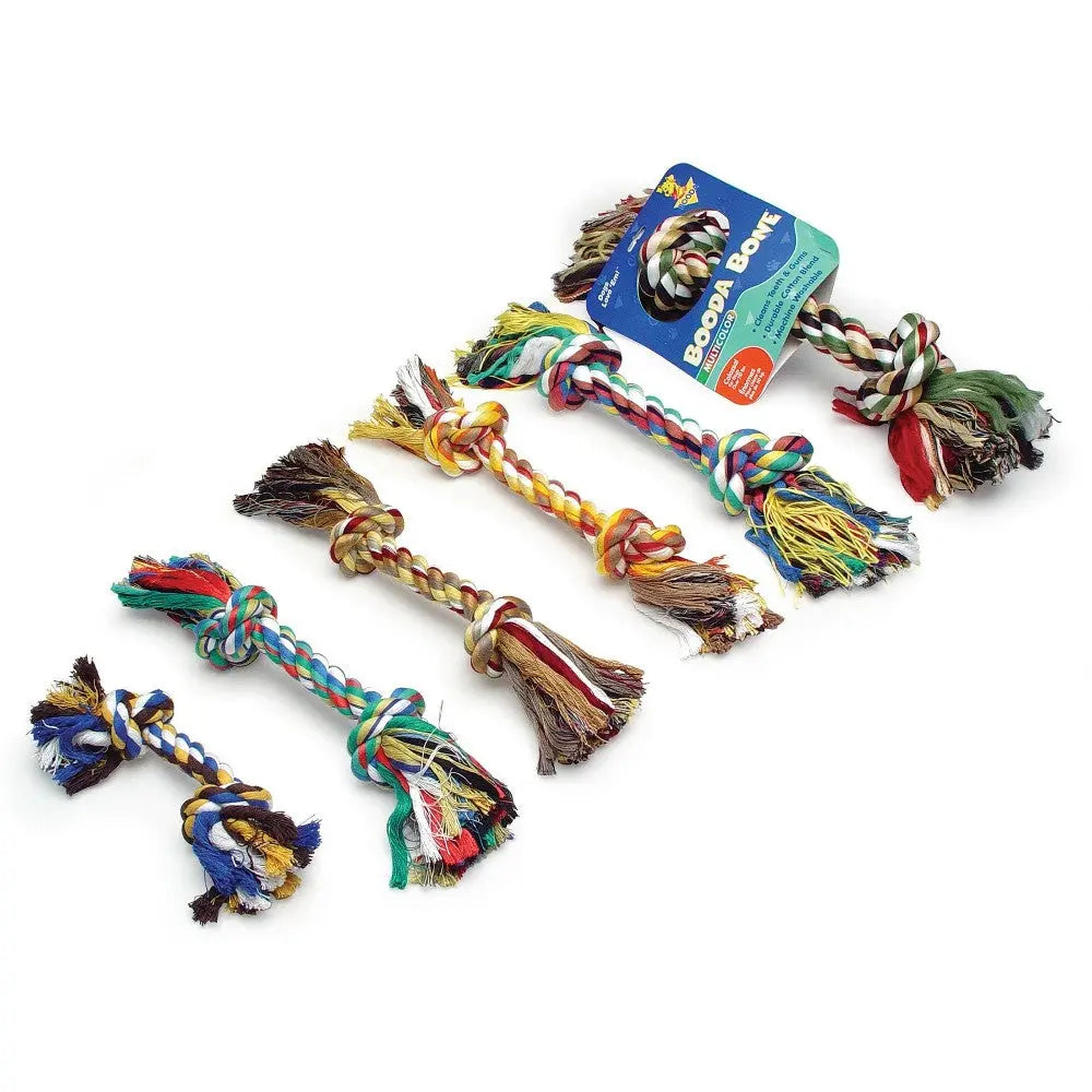 Colorful dog chew toys in various rope styles for interactive play and dental health.